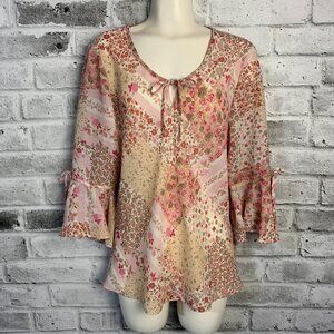 Vintage Y2K Reitmans Sheer Floral Bell Sleeve Boho Blouse Tunic Top